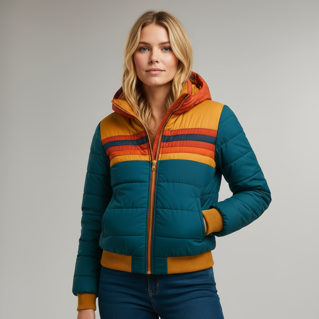 Women's hooded puffer jacket with multicoloured striped panels and zipped pockets