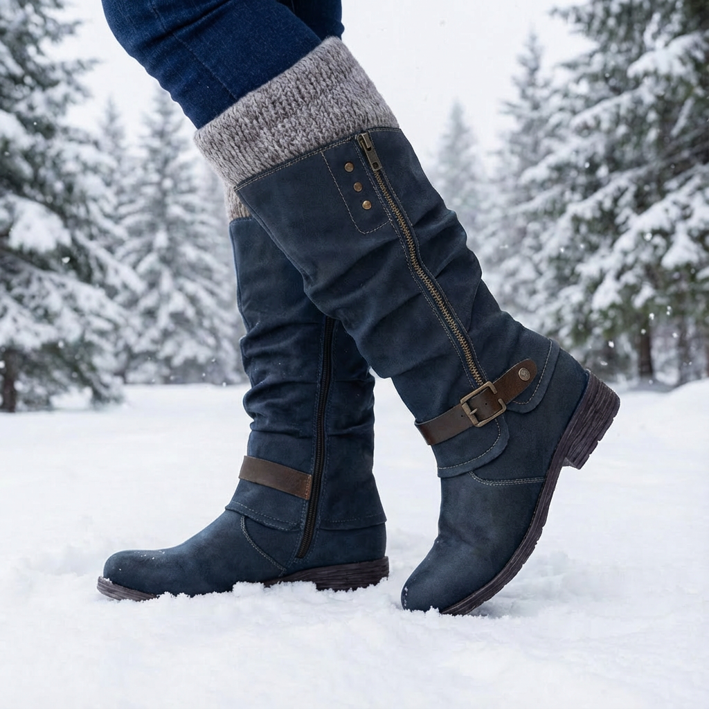 Women's tall slouch boots with side zips and buckle straps in snow