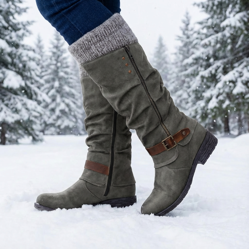 Women's tall slouch boots with side zips and buckle straps in snow
