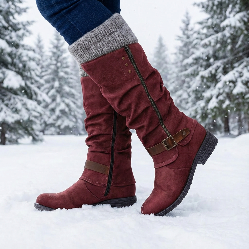 Women's tall slouch boots with side zips and buckle straps in snow