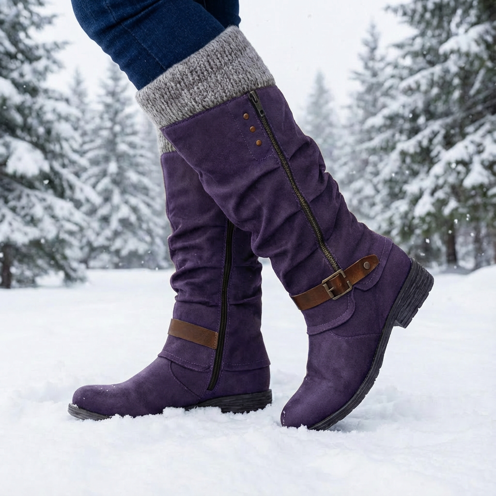 Women's tall slouch boots with side zips and buckle straps in snow
