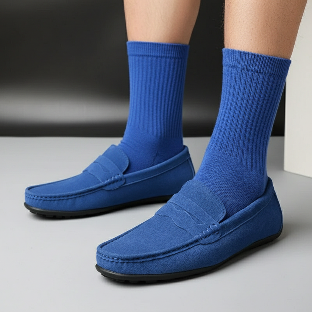 Men's slip-on loafers with rounded moc toes and penny strap detail