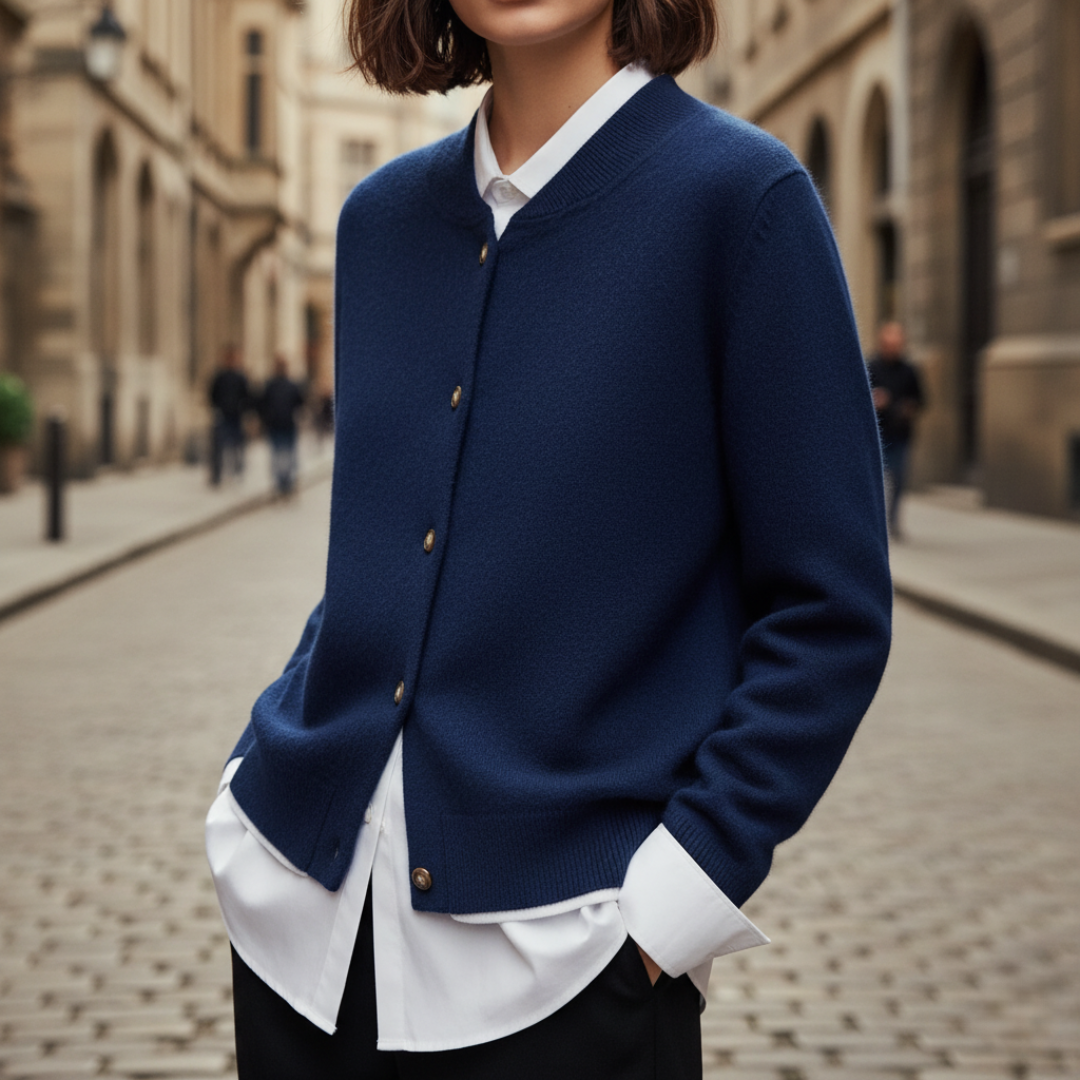 Women's button-up bomber style cardigan with ribbed trims