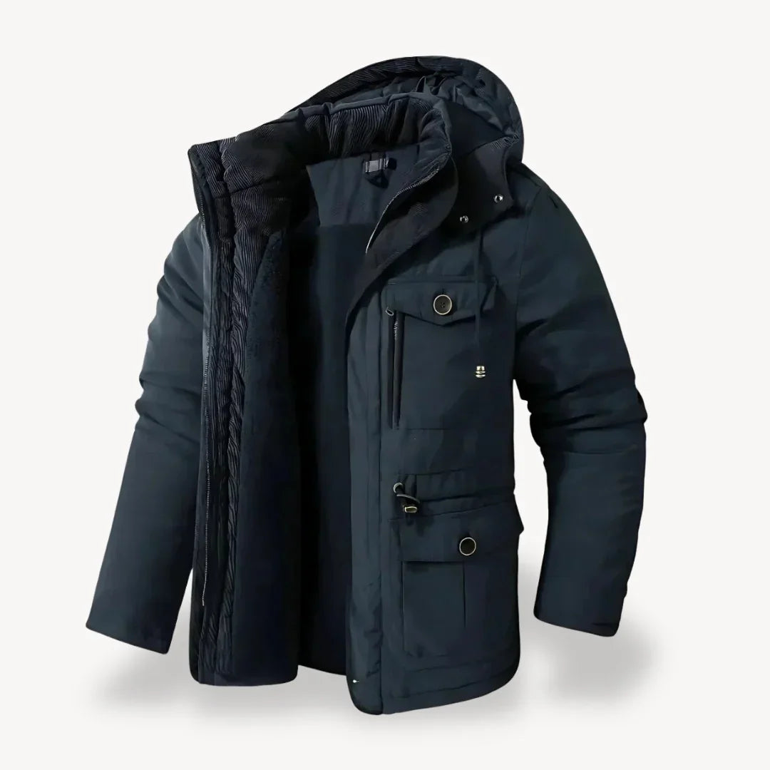 Men's hooded winter jacket with zip front and multiple utility pockets