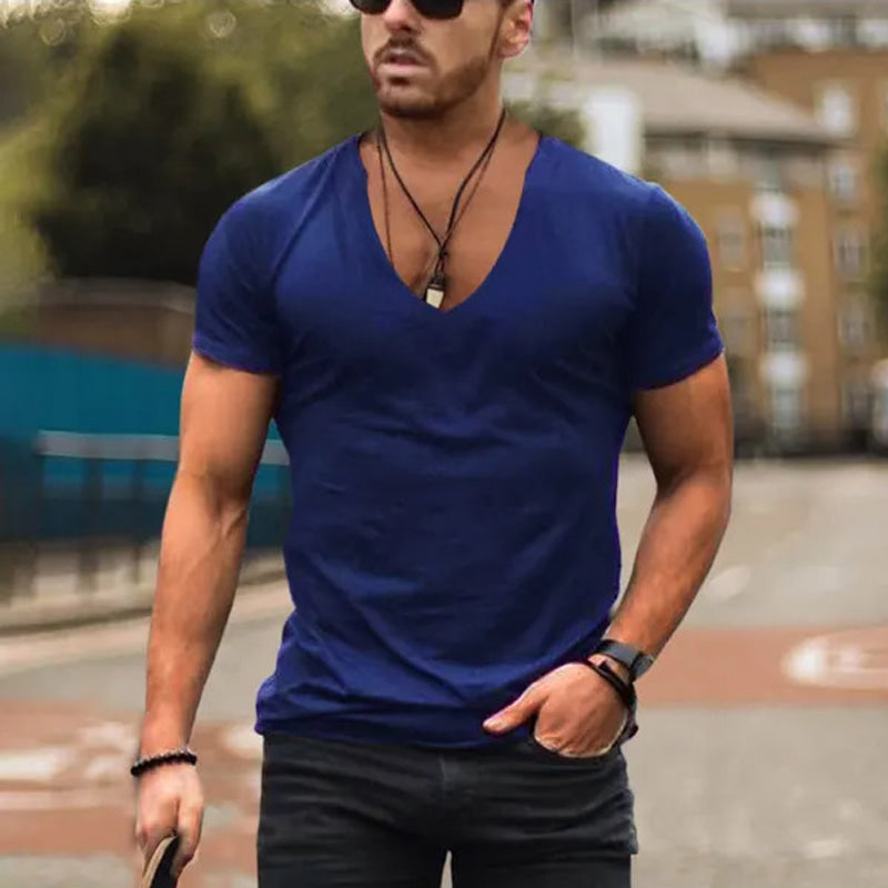 Men's plain deep V-neck T-shirt with short sleeves and slim fit