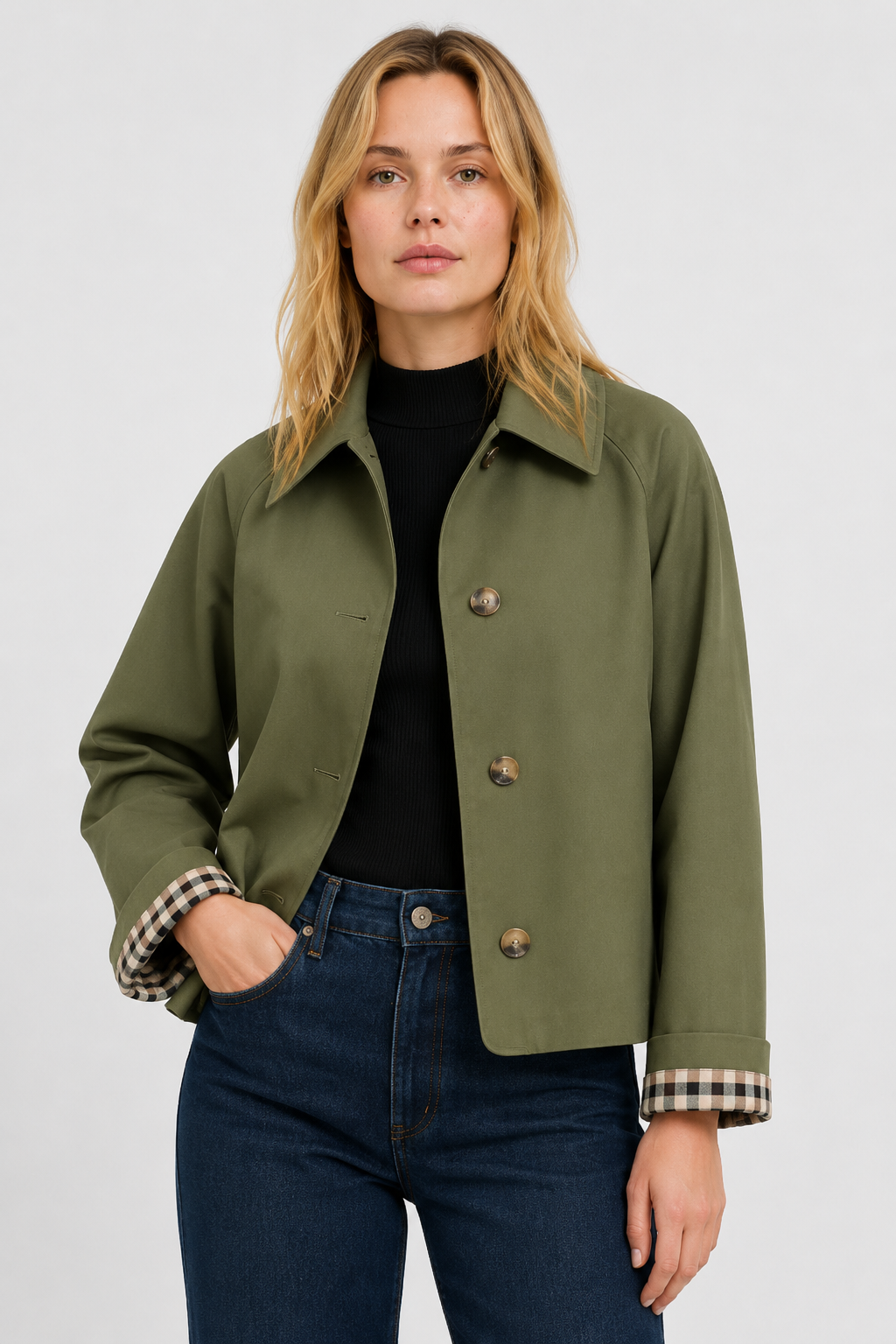 Women's lightweight trench jacket with checked turn-up cuffs