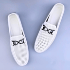 Perforated driving loafer with metal trim and flat treaded sole