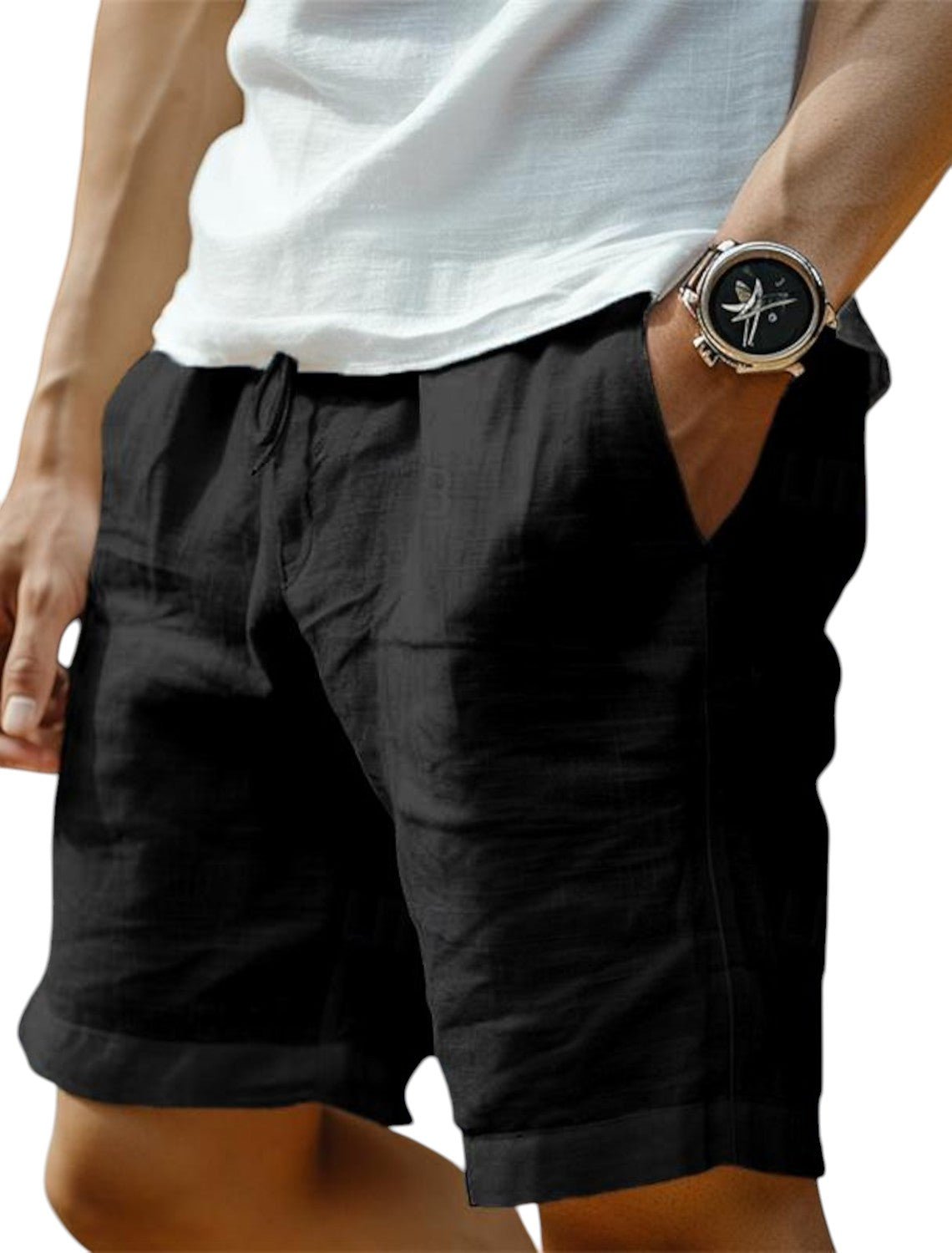 Men's plain casual shorts with drawstring waist and side pockets