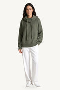 Women's ribbed knit hoodie with cowl-style hood and long sleeves
