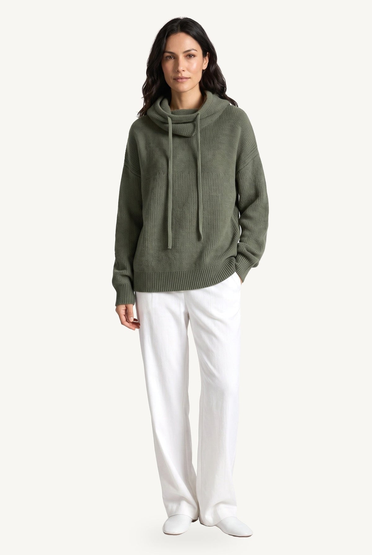 Women's ribbed knit hoodie with cowl-style hood and long sleeves