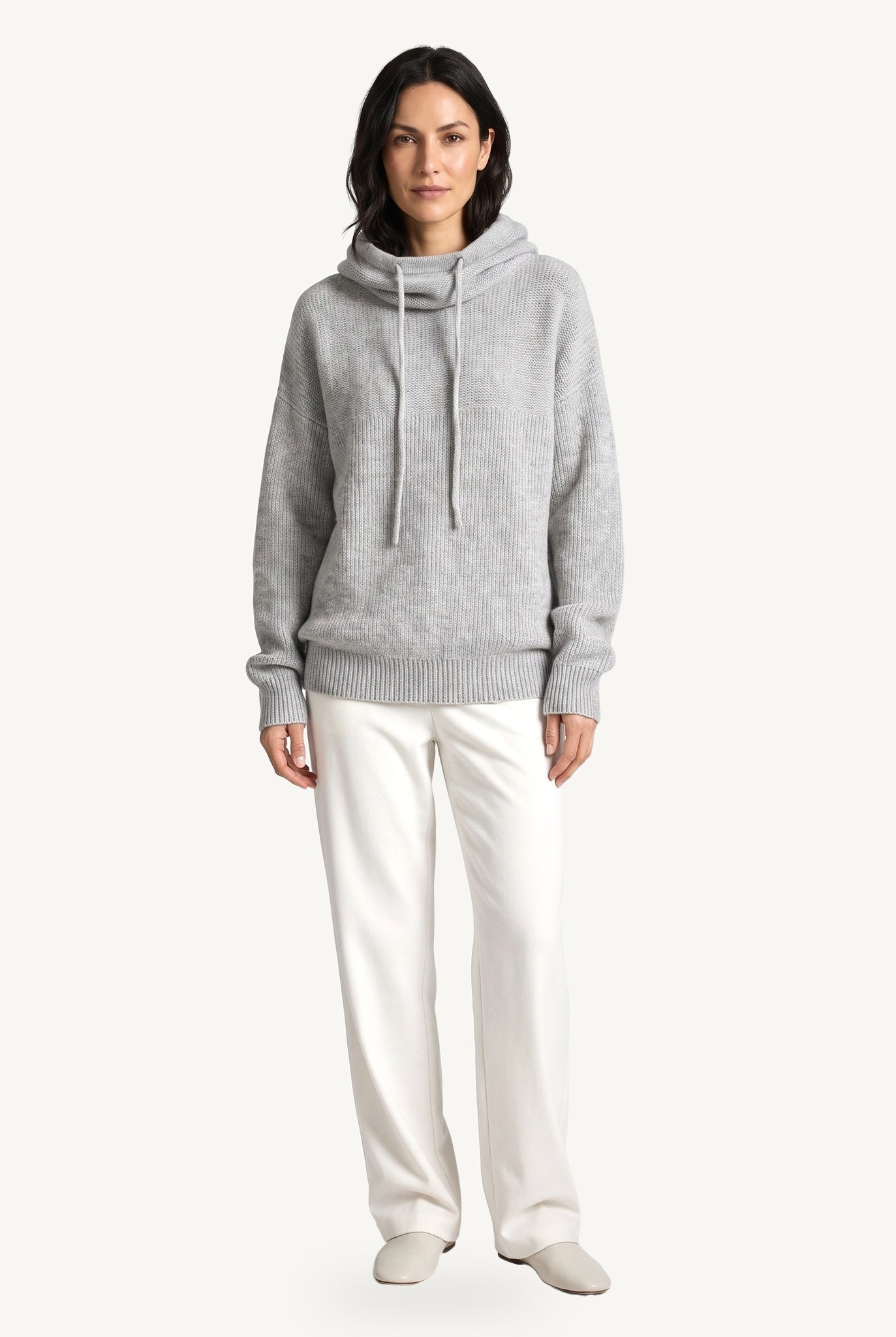 Women's ribbed knit hoodie with cowl-style hood and long sleeves