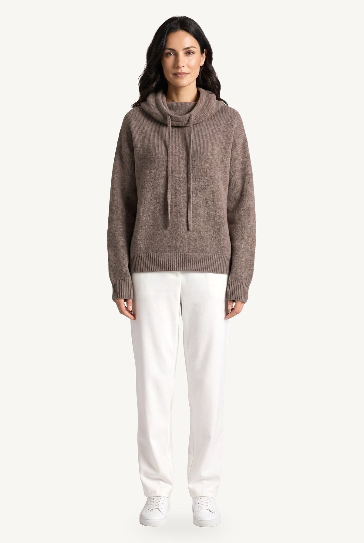 Women's ribbed knit hoodie with cowl-style hood and long sleeves