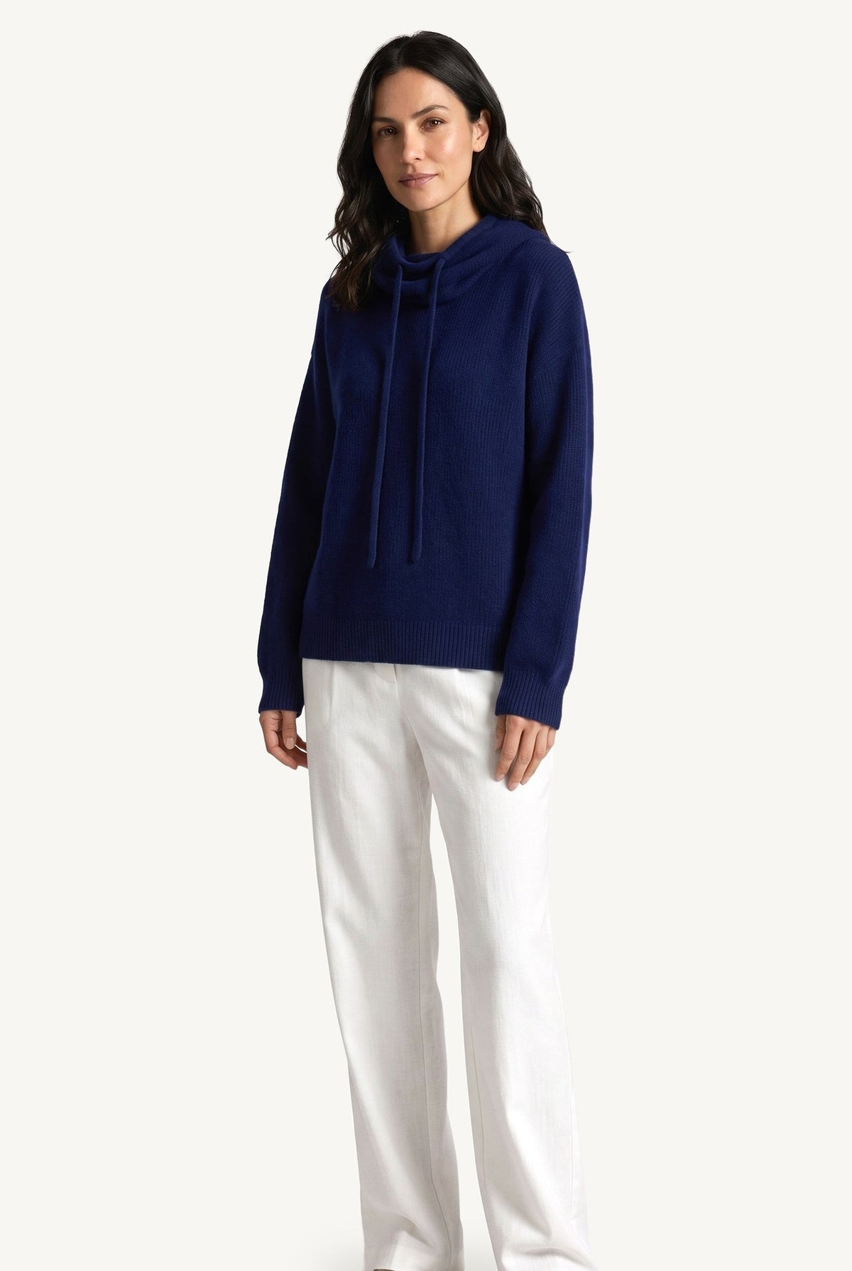 Women's ribbed knit hoodie with cowl-style hood and long sleeves