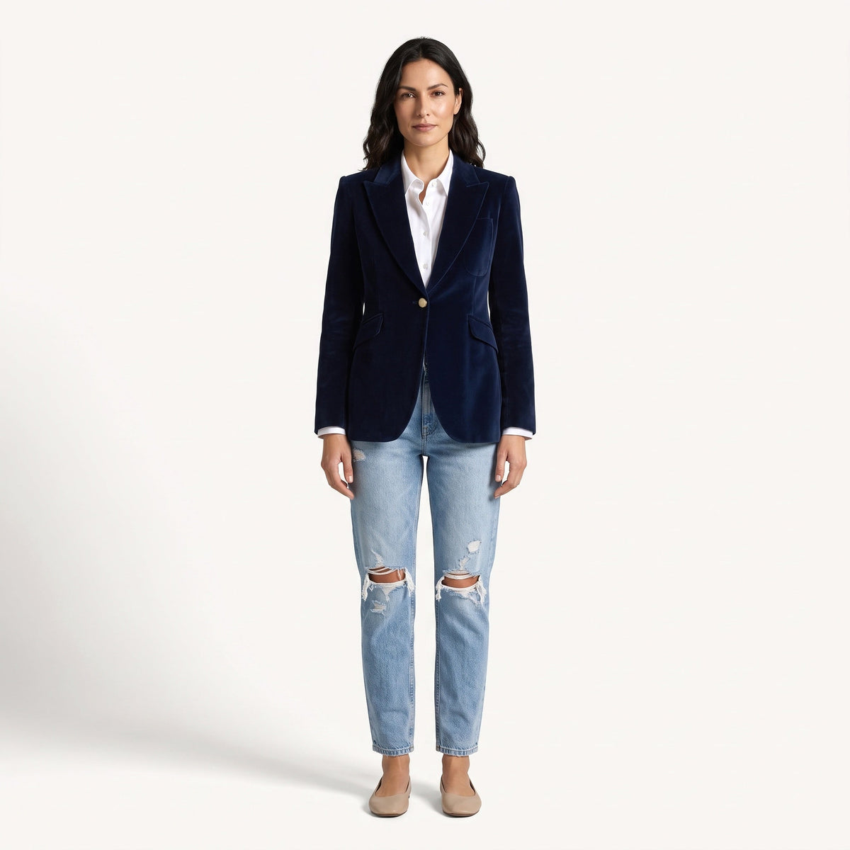 Women's navy velvet blazer with notched lapels, long sleeves and button front