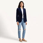 Women's navy velvet blazer with notched lapels, long sleeves and button front