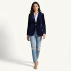 Women's navy velvet blazer with notched lapels, long sleeves and button front