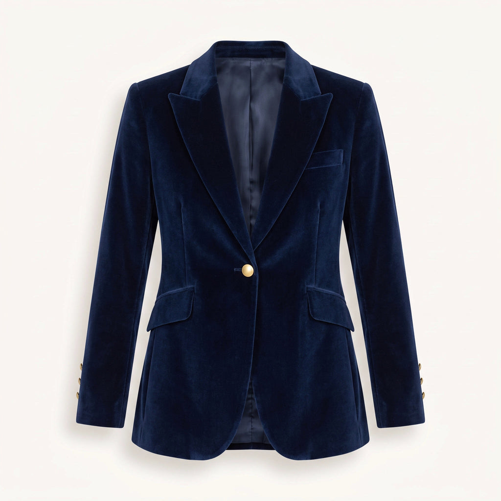 Women's navy velvet blazer with notched lapels, long sleeves and button front