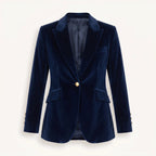 Women's navy velvet blazer with notched lapels, long sleeves and button front