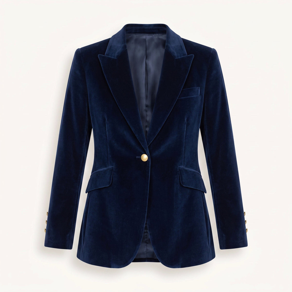 Women's navy velvet blazer with notched lapels, long sleeves and button front