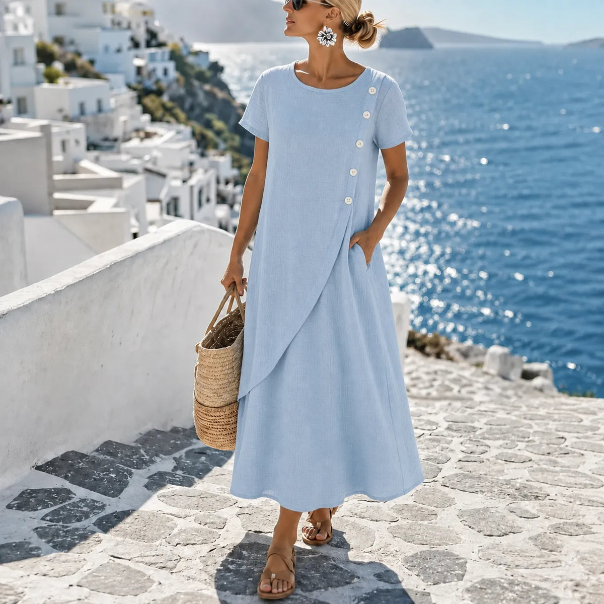 Women's asymmetric button midi dress with short sleeves and side pockets