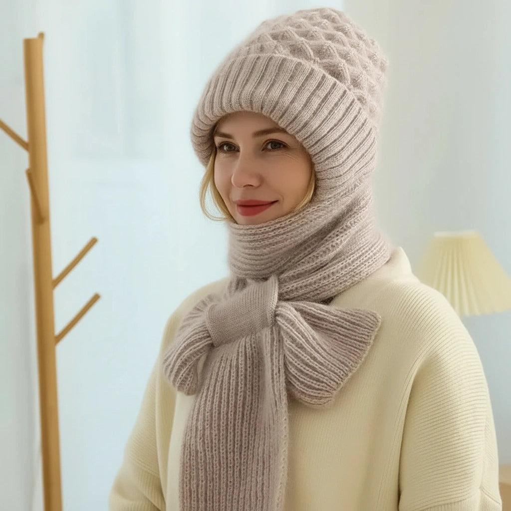 Women's ribbed knitted hat and scarf set with fleece lining