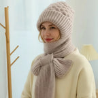 Women's ribbed knitted hat and scarf set with fleece lining
