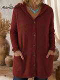 Women's ribbed hooded longline cardigan with button front and patch pockets