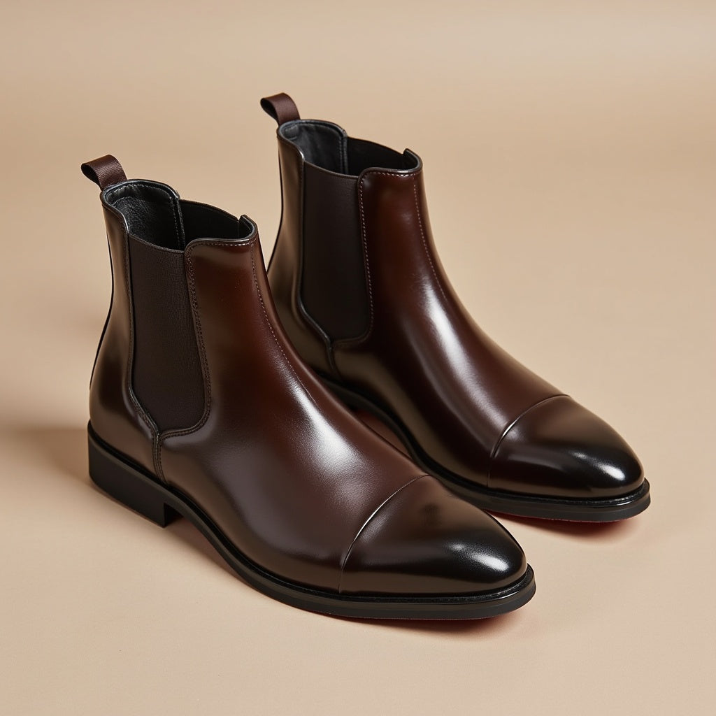 Men's pointed toe Chelsea boots with elastic side panels and low heels