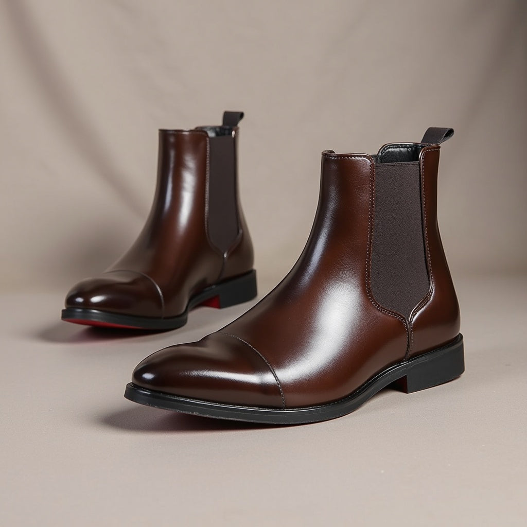 Men's pointed toe Chelsea boots with elastic side panels and low heels
