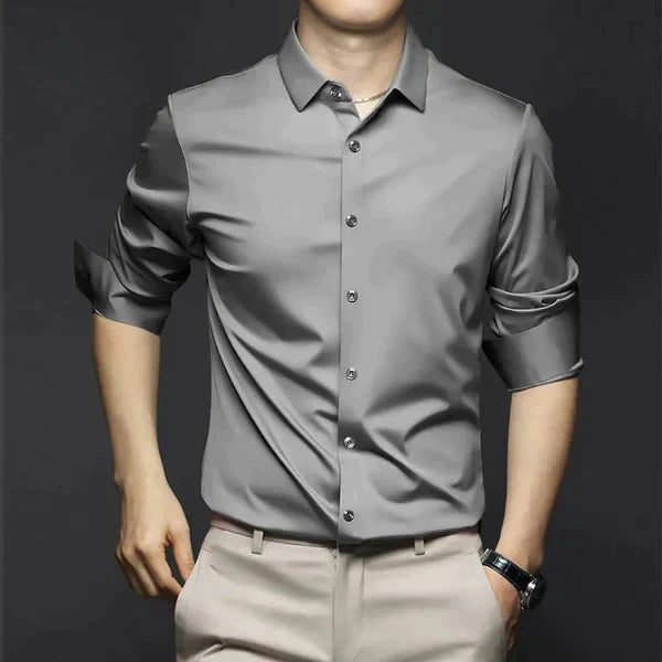 Men's slim fit plain button shirt with pointed collar and rolled sleeves