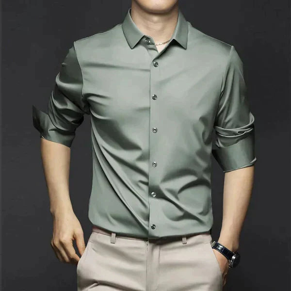 Men's slim fit plain button shirt with pointed collar and rolled sleeves