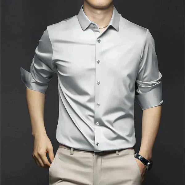 Men's slim fit plain button shirt with pointed collar and rolled sleeves
