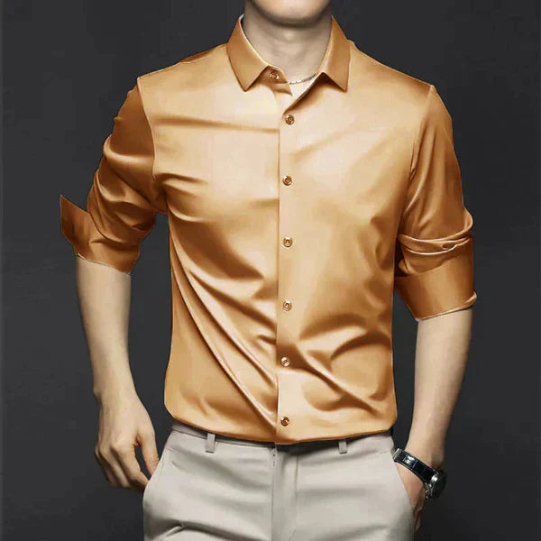 Men's slim fit plain button shirt with pointed collar and rolled sleeves