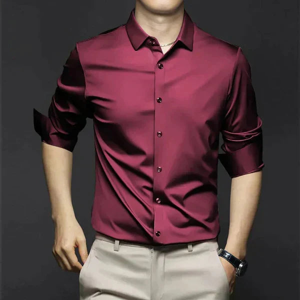 Men's slim fit plain button shirt with pointed collar and rolled sleeves