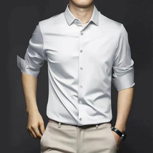 Men's slim fit plain button shirt with pointed collar and rolled sleeves