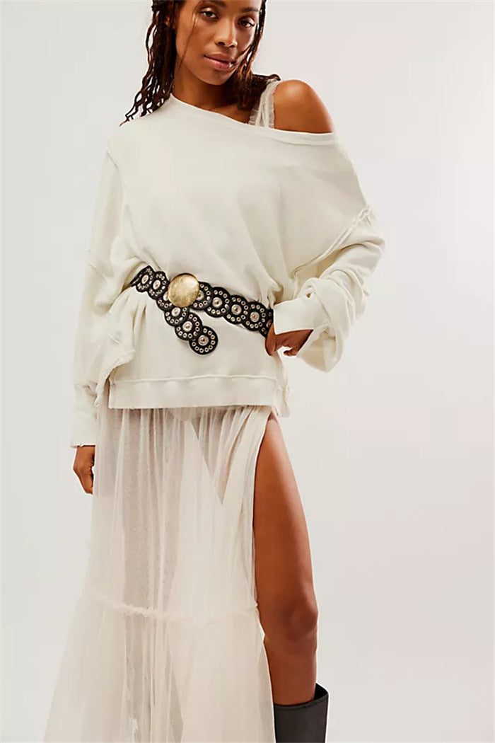 Women's oversized sweatshirt with balloon sleeves, exposed seams and side slits