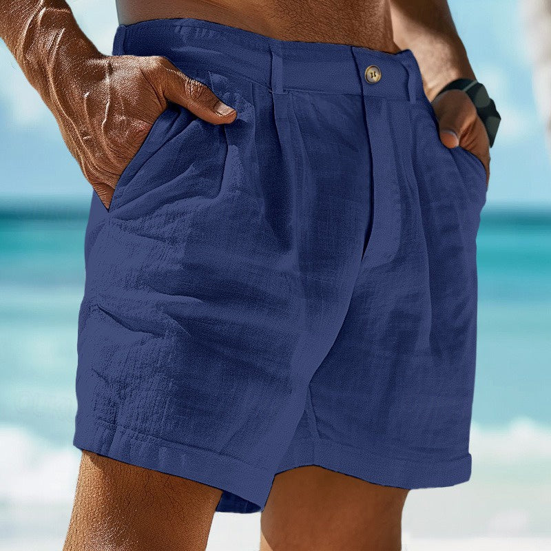 Men's plain casual shorts with button waist, side pockets and above-knee hems