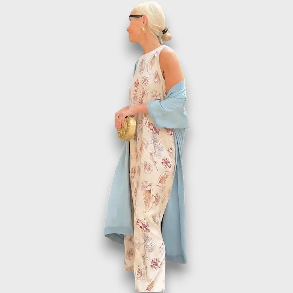 Women's sleeveless floral maxi dress and long cardigan set