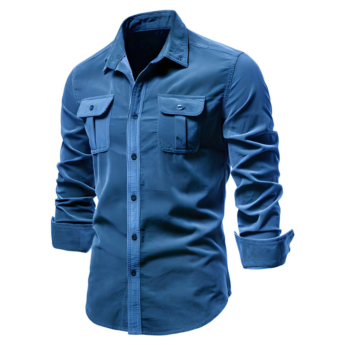 Men's long sleeve utility shirt with pointed collar, button front and two chest pockets