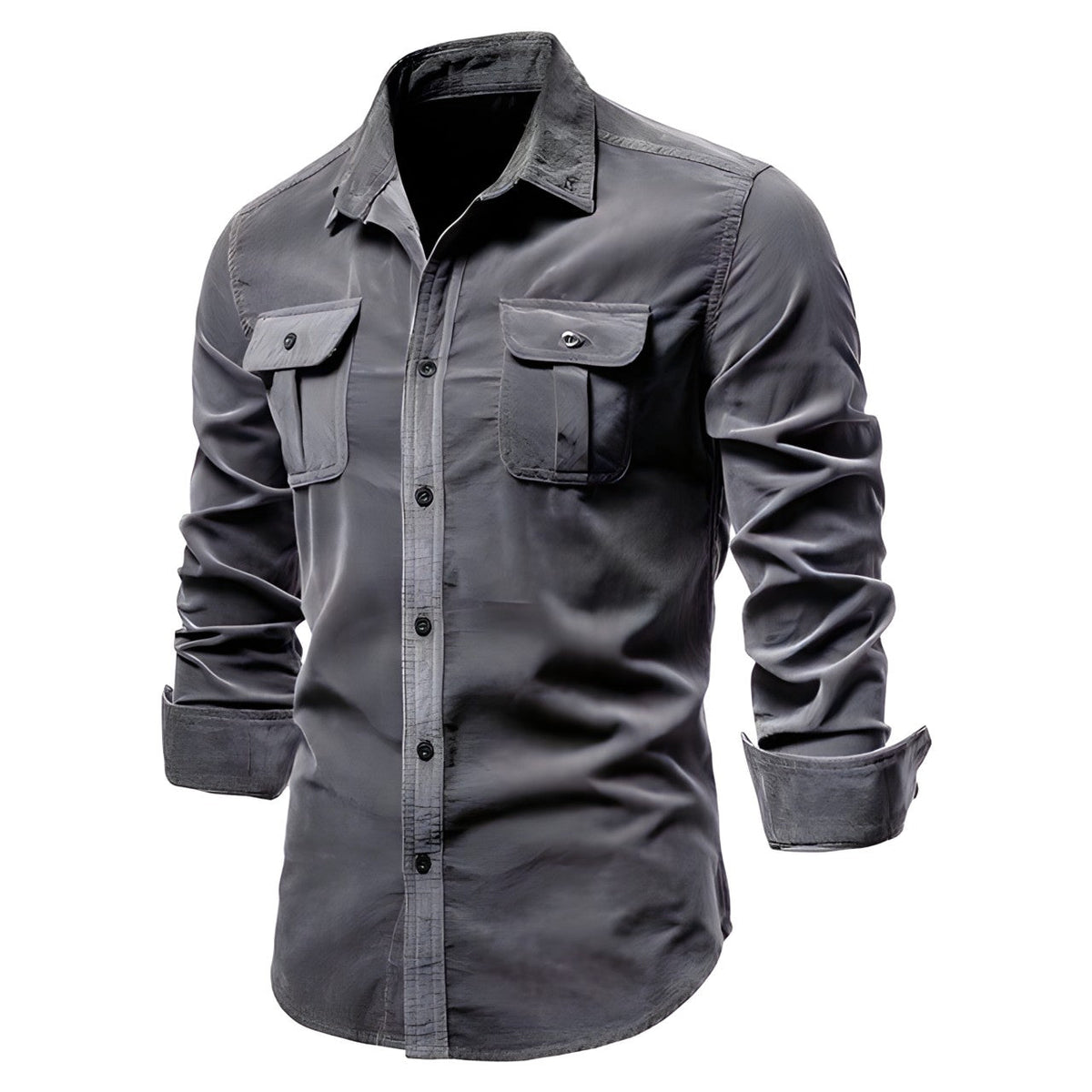 Men's long sleeve utility shirt with pointed collar, button front and two chest pockets