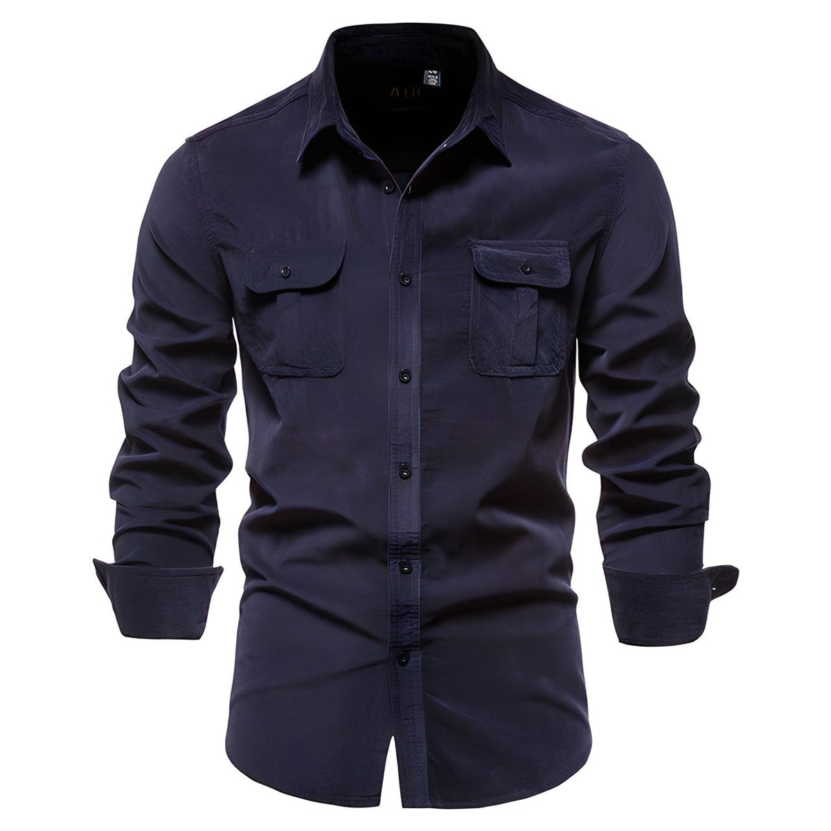 Men's long sleeve utility shirt with pointed collar, button front and two chest pockets