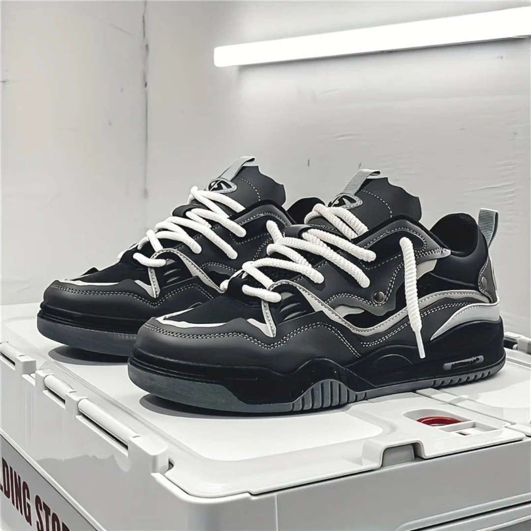 Men's panelled lace-up trainers with contrasting overlays and chunky flat soles