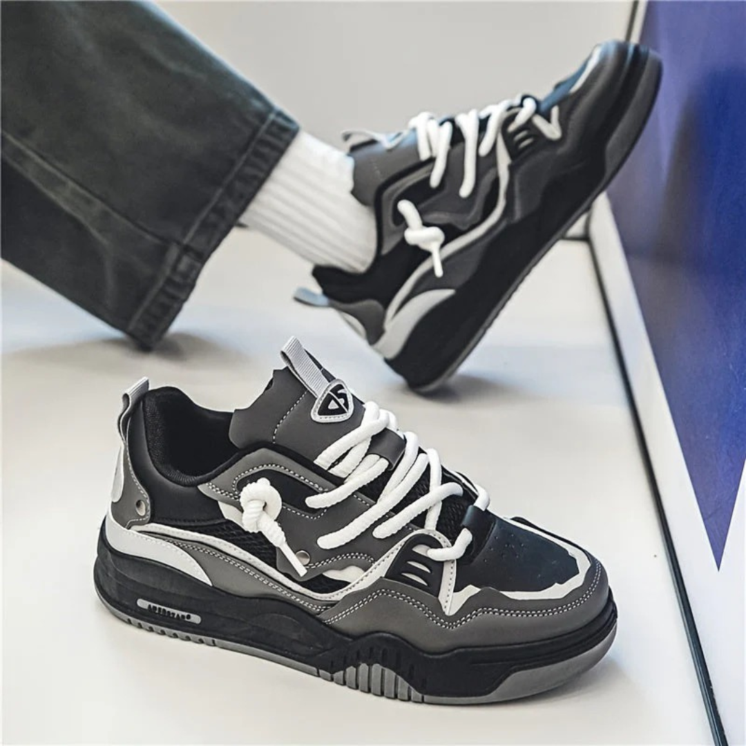 Men's panelled lace-up trainers with contrasting overlays and chunky flat soles