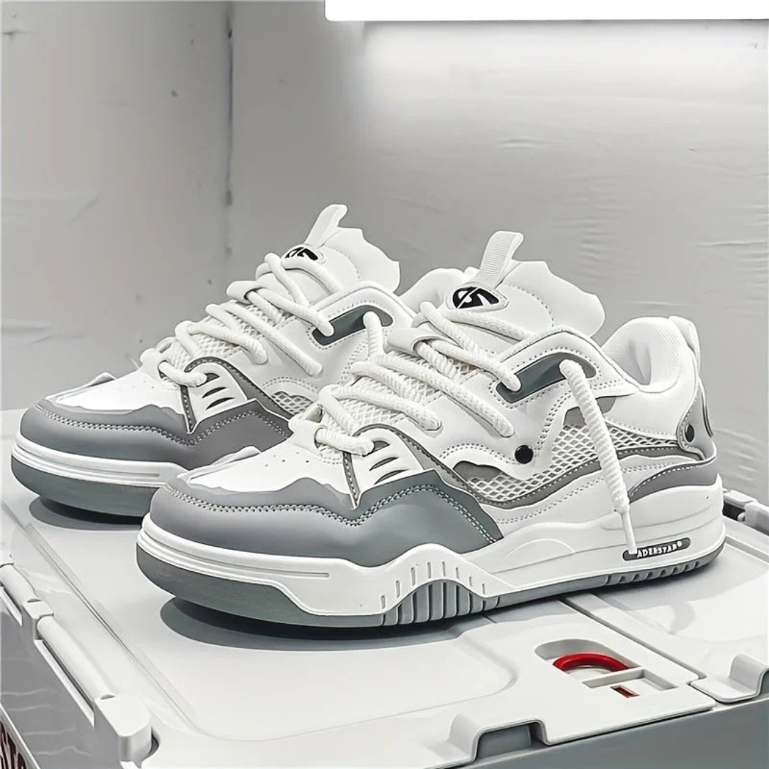Men's panelled lace-up trainers with contrasting overlays and chunky flat soles