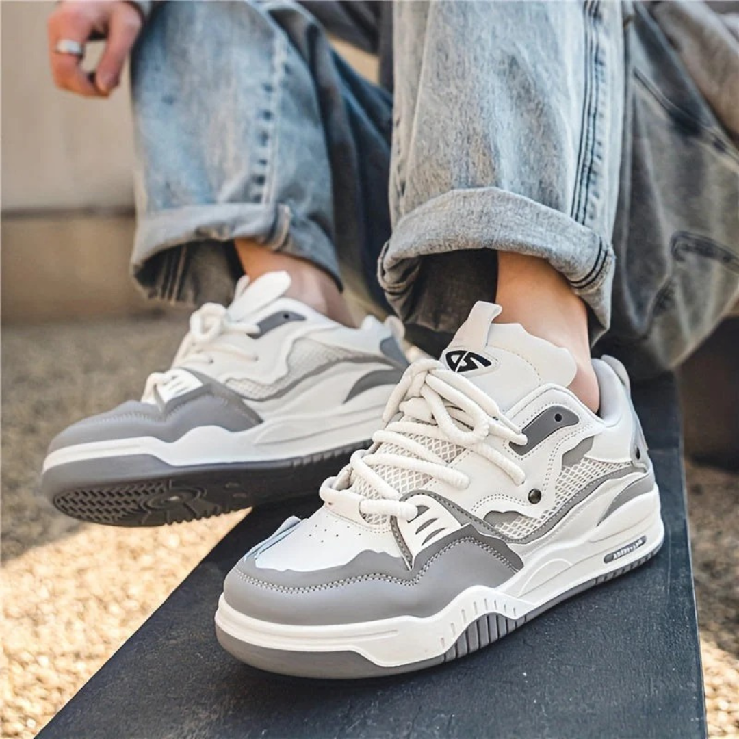 Men's panelled lace-up trainers with contrasting overlays and chunky flat soles