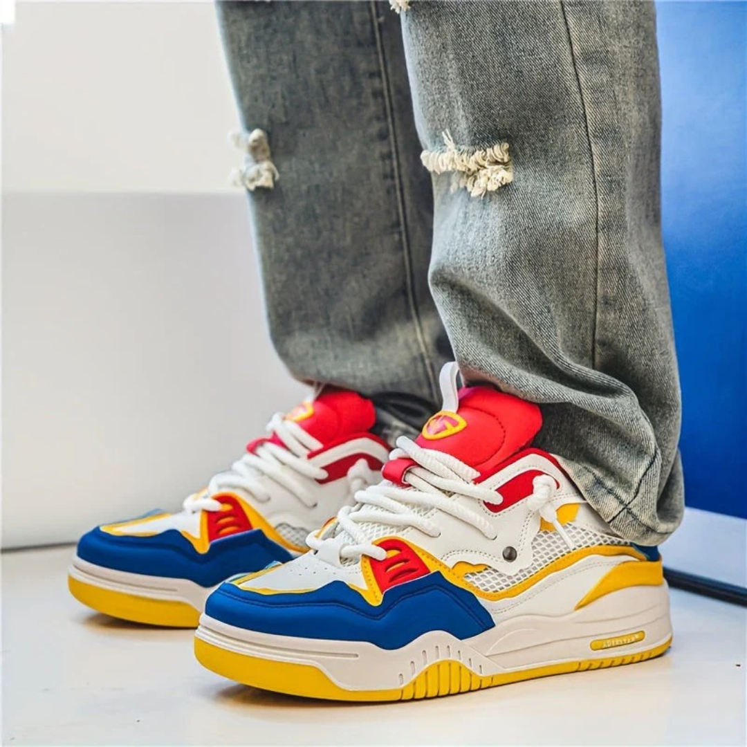 Men's panelled lace-up trainers with contrasting overlays and chunky flat soles