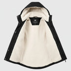 Women's hooded fleece-lined parka with long sleeves and front zip