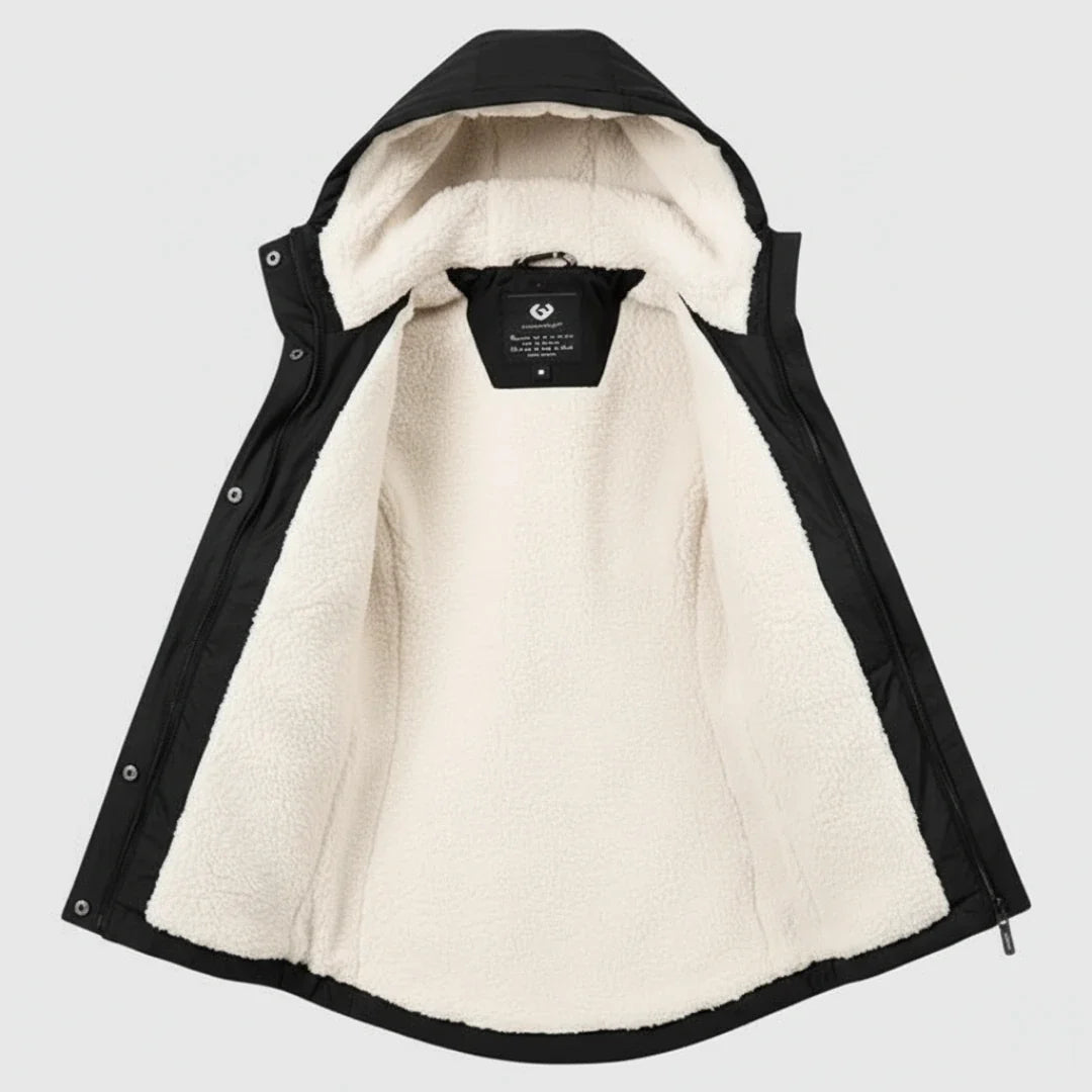 Women's hooded fleece-lined parka with long sleeves and front zip