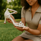 Embellished open-toe heeled sandals with ankle straps and high heels