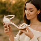 Embellished open-toe heeled sandals with ankle straps and high heels